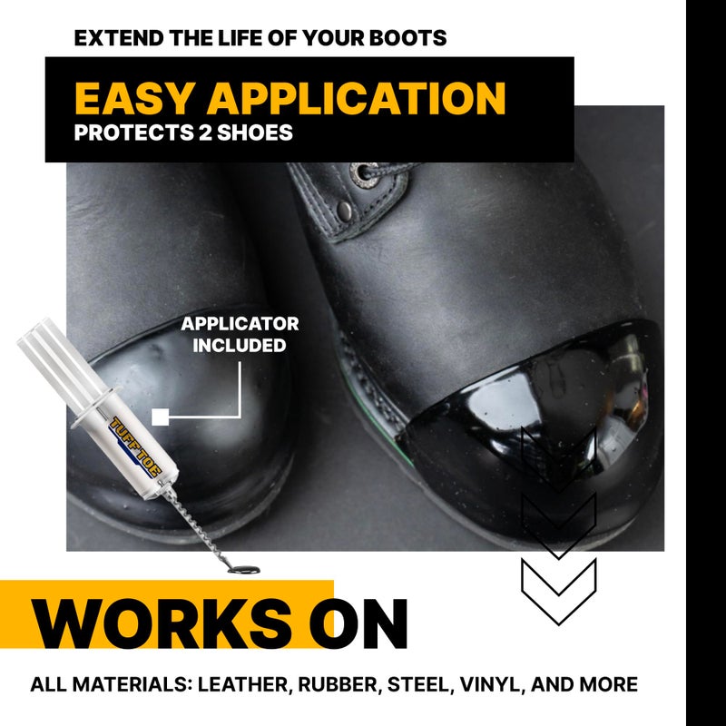 Tuff Toe Boot Toe Protector Adhesive, Shoe Glue Toe Protectors for Shoes & Work Boots - Waterproof, Heat Resistant, Heavy Duty Protective Layer & Shoe Repair Kit - Easy Application, Covers 2 Shoes, Black Color - Image 3